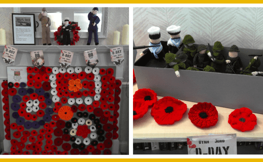 Knitted poppies & D-Day figures for remembrance display.