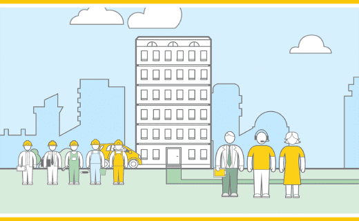 Illustration: apartment building, maintenance workers, and staff.
